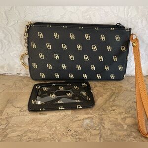 Dooney and Bourke Black and Gold Logo Wristlet Set